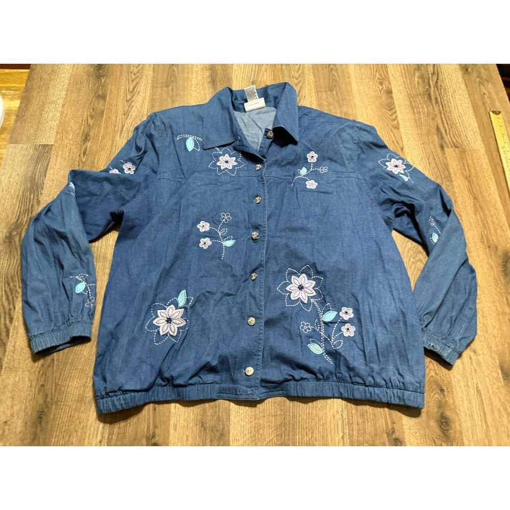 Alfred Dunner Jacket Women Size 20 Blue Shirt Jacket Floral Embroidered Cotton
